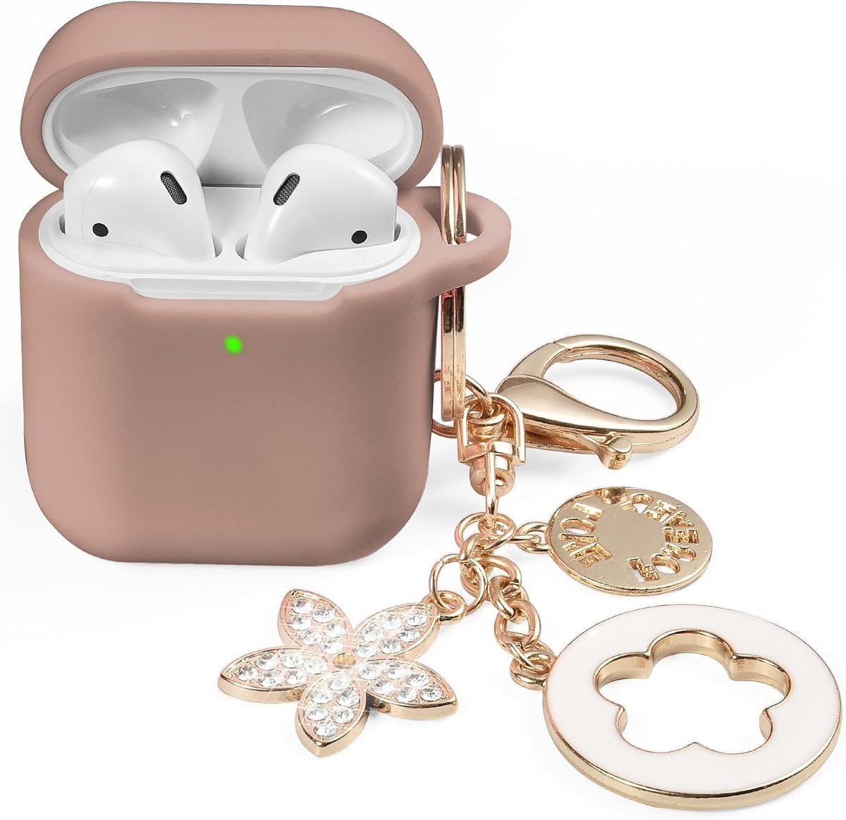 OLEBAND Case Fit for Airpod 1st/2nd Generation with Cute Bling Keychain,iPods Silione Cover Compatible for Apple Air pod/iPod 2 and 1 Gen Case,LED Visible,for Women and Girls,Milk Tea